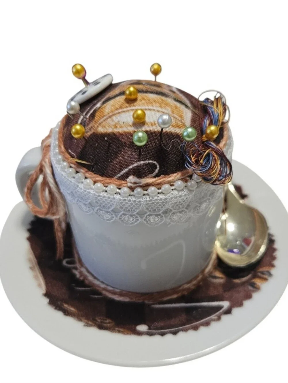 Pier 1 Demitesse Cup, Saucer & Spoon Recycled into  A Pincushion